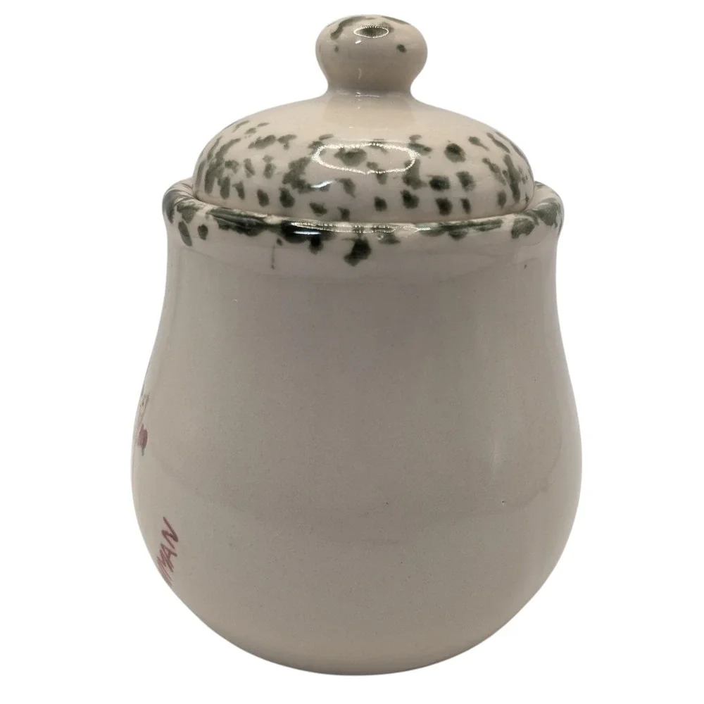 Vintage Sugar Bowl‎ with Lid We Can Build a Snowman Green Sponge Painting SEE